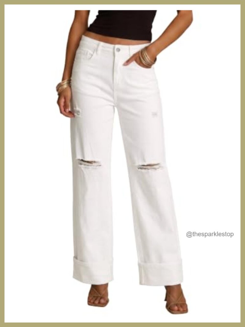 Wide Leg High Waisted Stretchy Ripped Denim Jeans Boyfriend Distressed Roll Hem